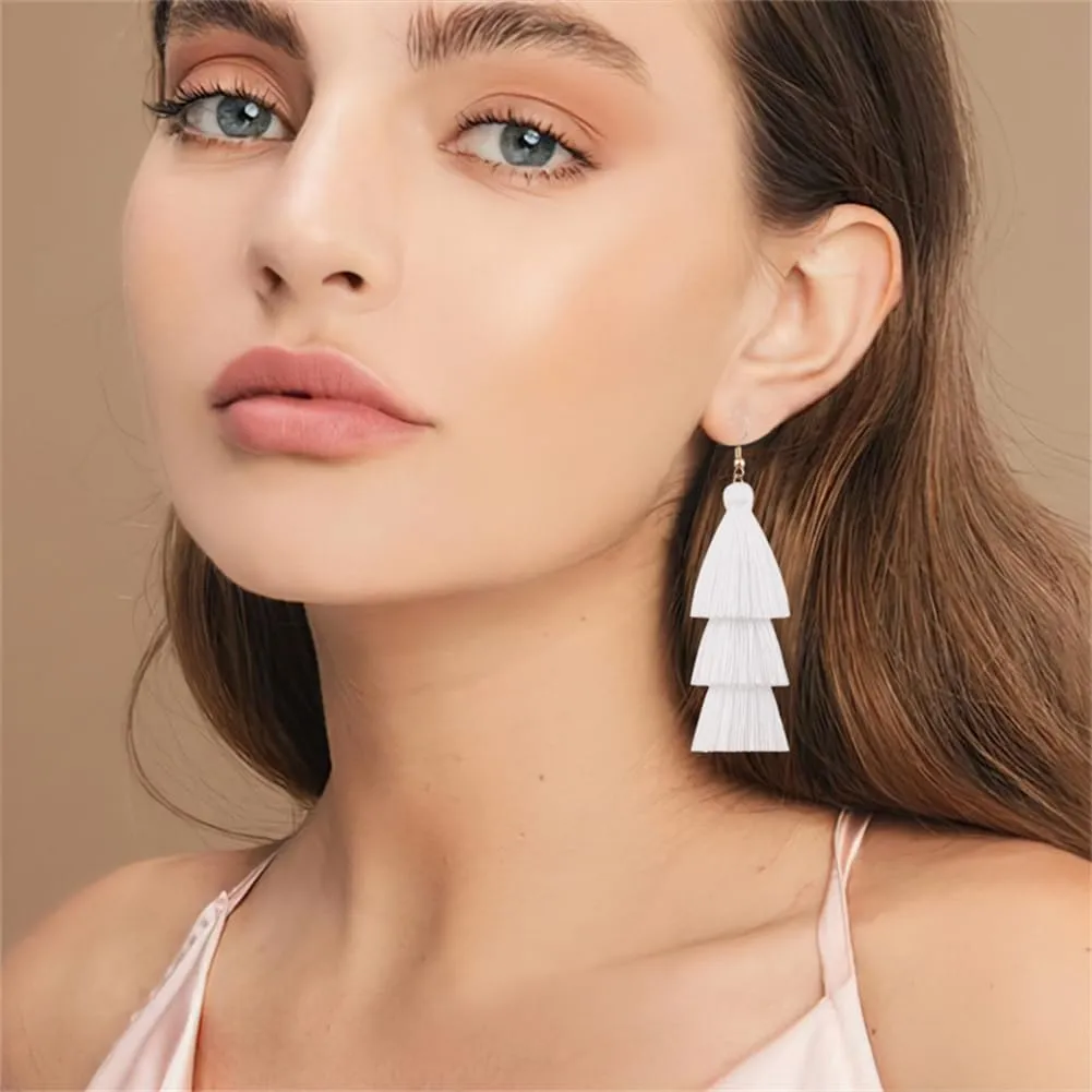 3 Tier Layered Colorful Tassel Earrings Bohemian Big Dangle Drop Fashion Jewelry Earrings for Women Valentine Birthday Party.