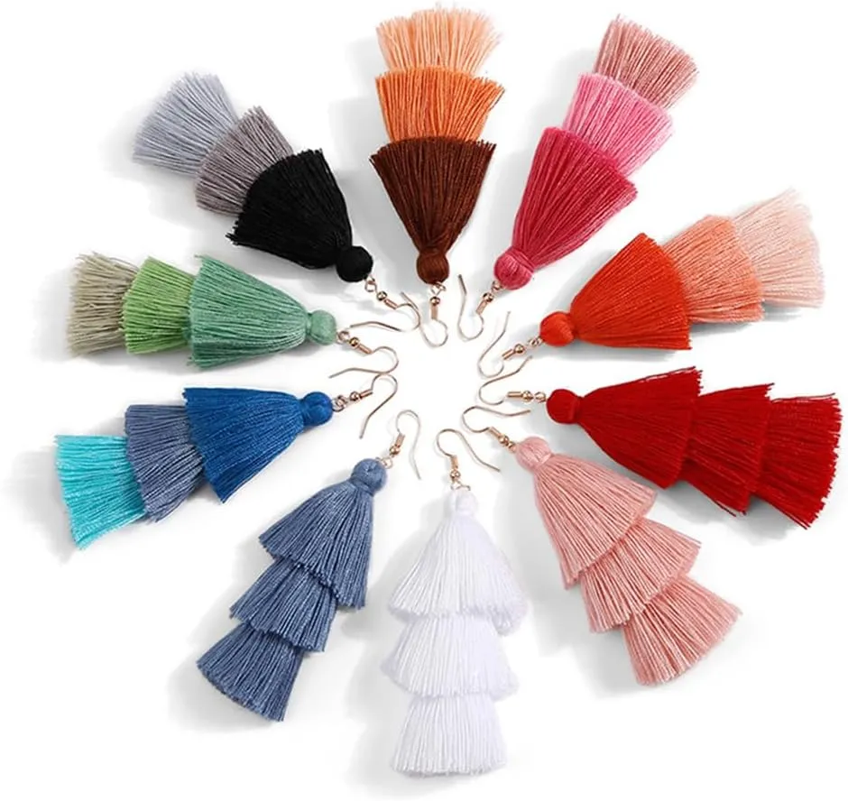 3 Tier Layered Colorful Tassel Earrings Bohemian Big Dangle Drop Fashion Jewelry Earrings for Women Valentine Birthday Party.