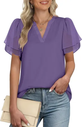 ANRABESS Womens Dressy Casual Blouses Chiffon V Neck Petal Short Sleeve Shirts 2025 Summer Business Work Tops