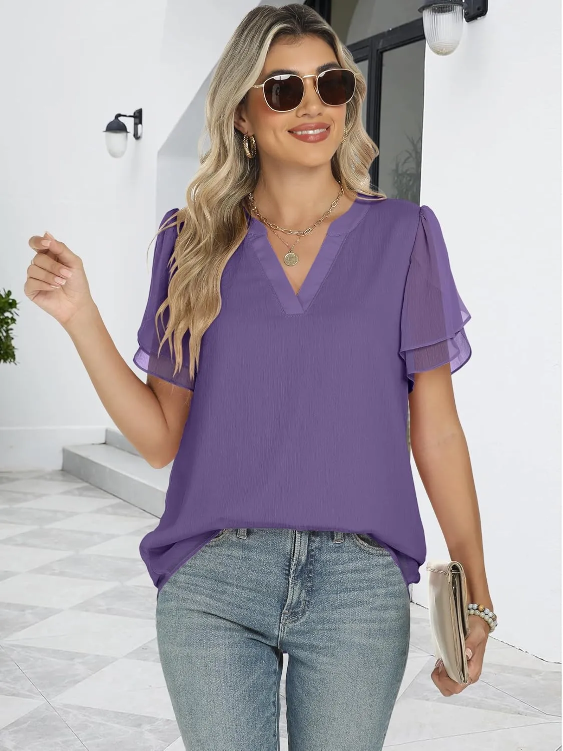 ANRABESS Womens Dressy Casual Blouses Chiffon V Neck Petal Short Sleeve Shirts 2025 Summer Business Work Tops