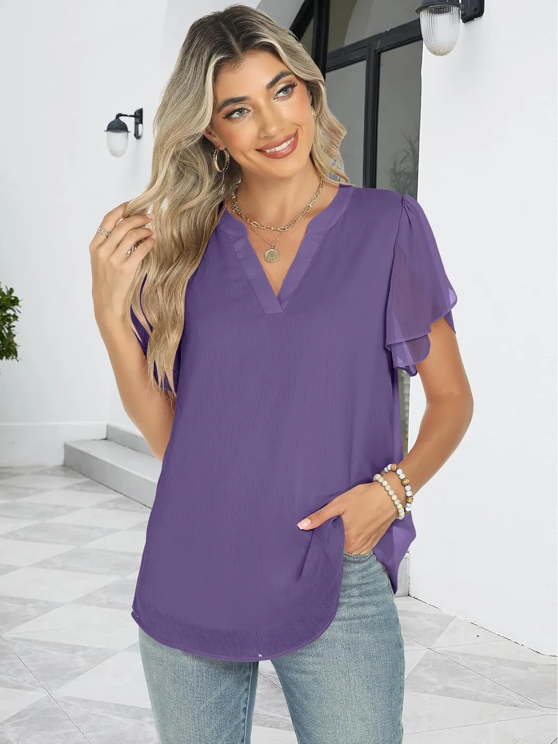 ANRABESS Womens Dressy Casual Blouses Chiffon V Neck Petal Short Sleeve Shirts 2025 Summer Business Work Tops