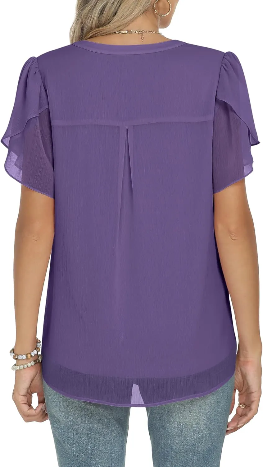 ANRABESS Womens Dressy Casual Blouses Chiffon V Neck Petal Short Sleeve Shirts 2025 Summer Business Work Tops