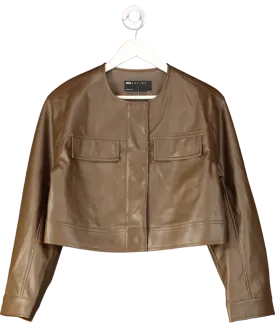ASOS Brown Cropped Collarless Leather Look Jacket In Chocolate UK S