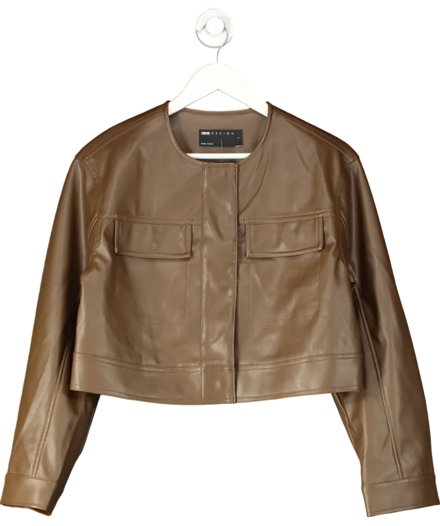 ASOS Brown Cropped Collarless Leather Look Jacket In Chocolate UK S