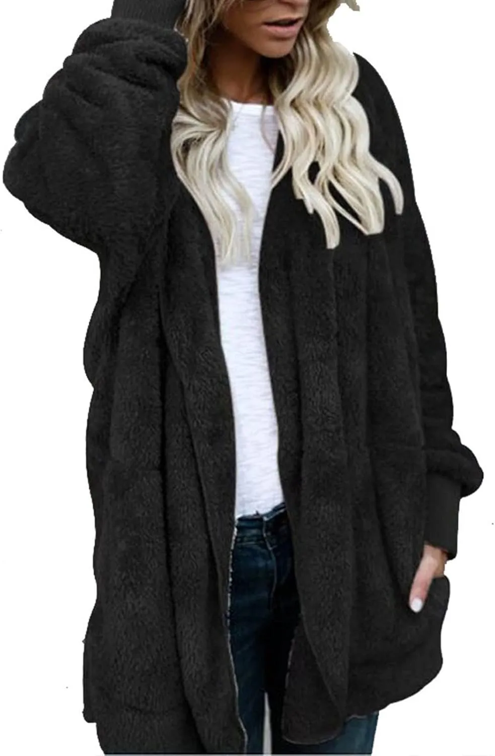 Cardigan for Women Winter Fashion Plus Size Long Fleece Jacket Casual Long Sleeve Open Front Coat Fuzzy Outerwear