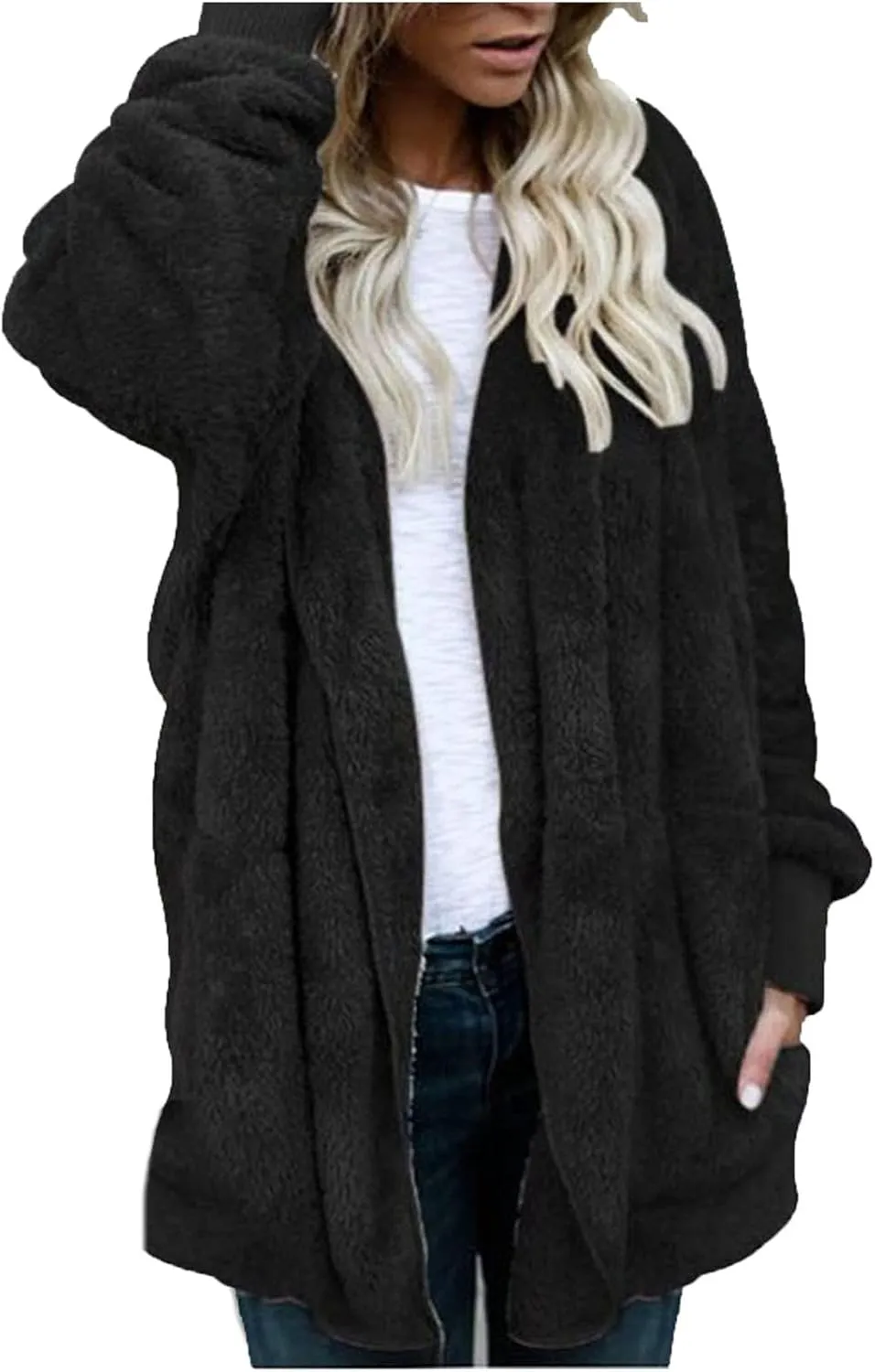 Cardigan for Women Winter Fashion Plus Size Long Fleece Jacket Casual Long Sleeve Open Front Coat Fuzzy Outerwear