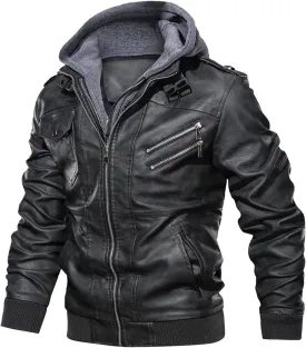 CARWORNIC Men's Faux Leather Jacket Casual Brown Motorcycle Jacket with Removable Hood