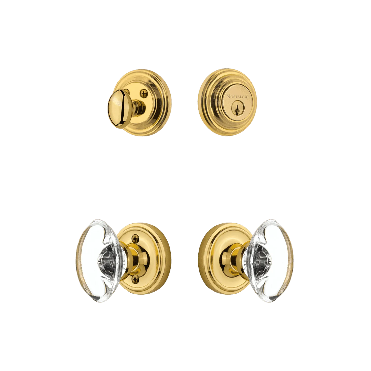Classic Rosette Entry Set with Oval Clear Crystal Knob in Unlacquered Brass