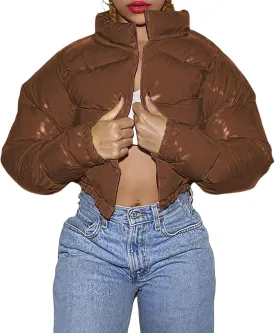 Cropped Puffer Jacket Women Winter Warm Stand Collar Slim Fit Crop Puffy Down Coat Long Sleeve Short Bubble Jackets