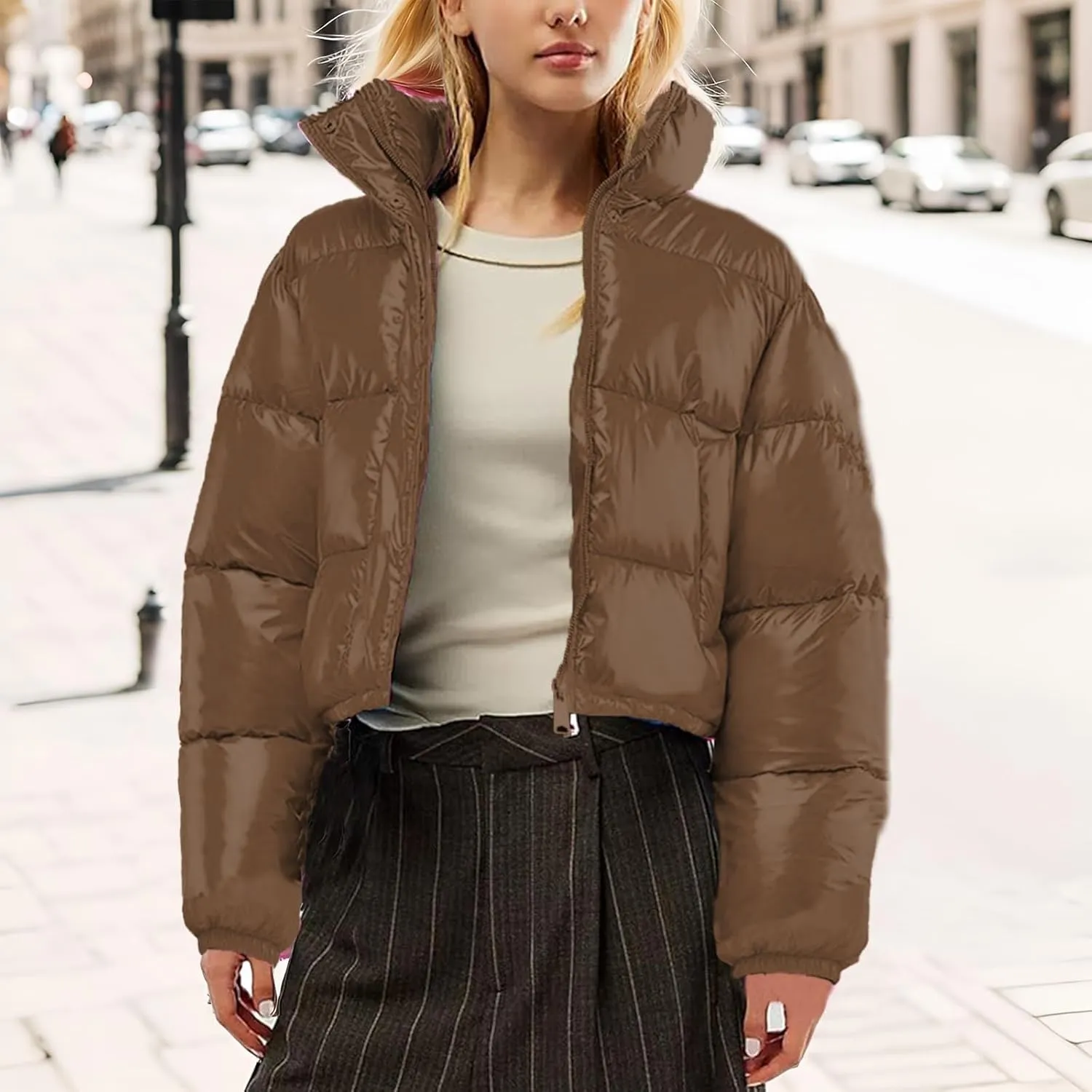 Cropped Puffer Jacket Women Winter Warm Stand Collar Slim Fit Crop Puffy Down Coat Long Sleeve Short Bubble Jackets