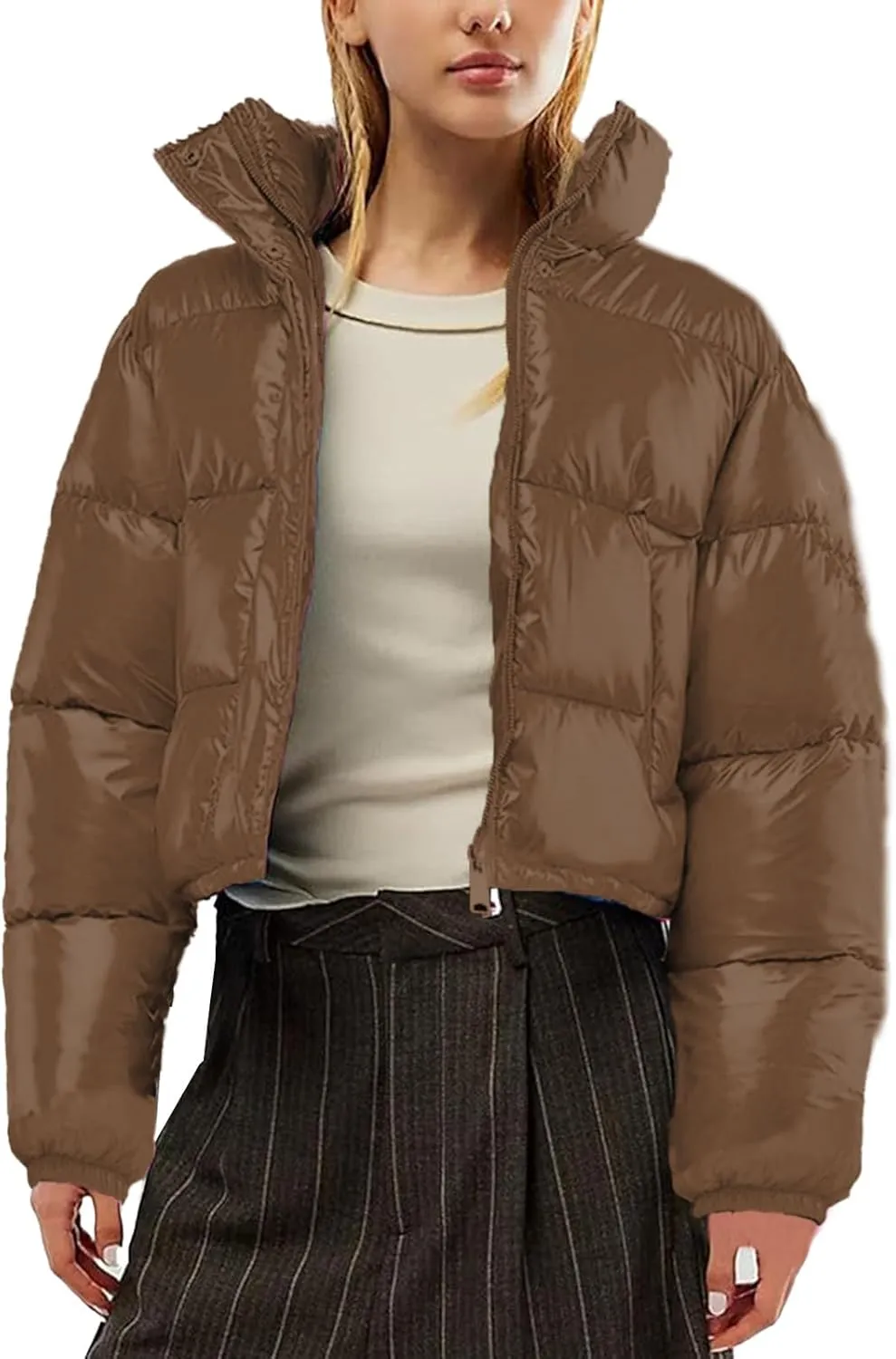 Cropped Puffer Jacket Women Winter Warm Stand Collar Slim Fit Crop Puffy Down Coat Long Sleeve Short Bubble Jackets