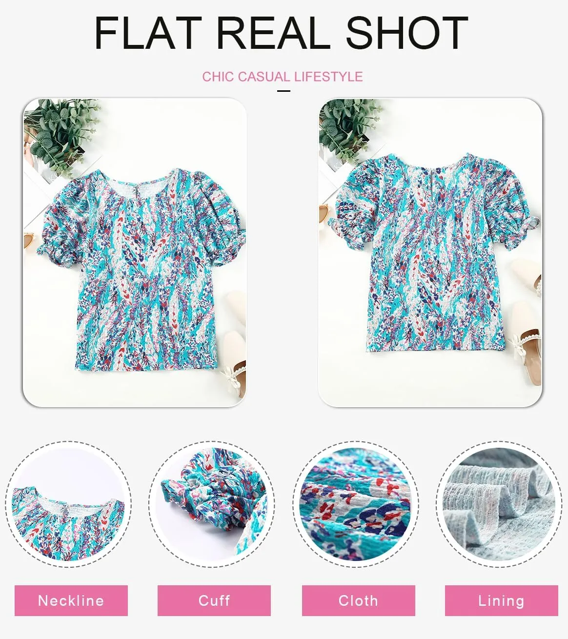 Dokotoo Floral Print Blouses for Women Crewneck Smocked Puff Sleeve Shirts Casual Babydoll Tops