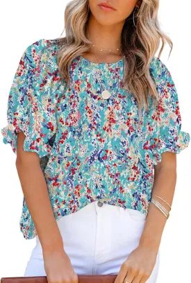 Dokotoo Floral Print Blouses for Women Crewneck Smocked Puff Sleeve Shirts Casual Babydoll Tops