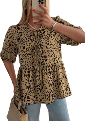 Dokotoo Summer Tops for Women Dressy Casual Business Crewneck Babydoll Peplum Puff Sleeve Shirts Tie Front Boho Blouses