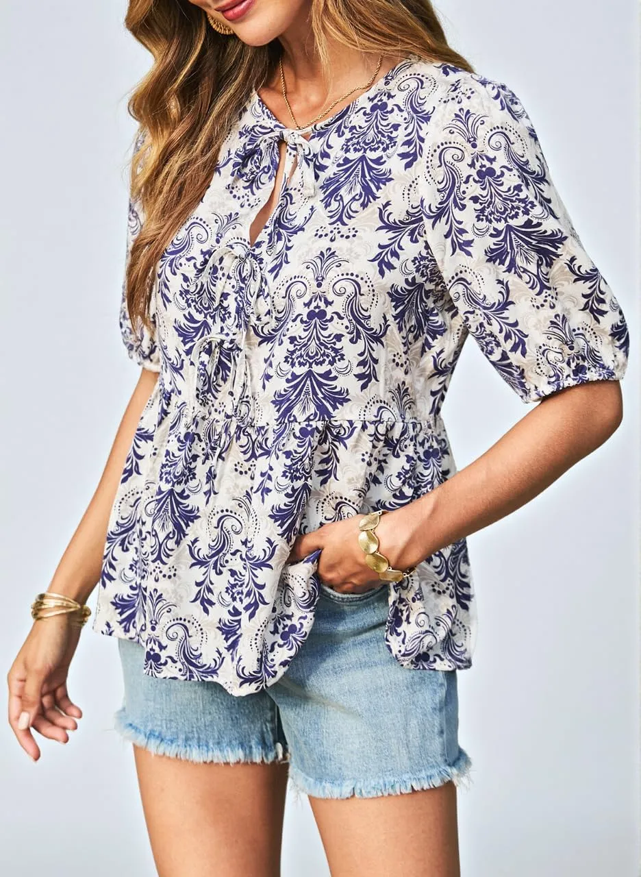 Dokotoo Summer Tops for Women Dressy Casual Business Crewneck Babydoll Peplum Puff Sleeve Shirts Tie Front Boho Blouses