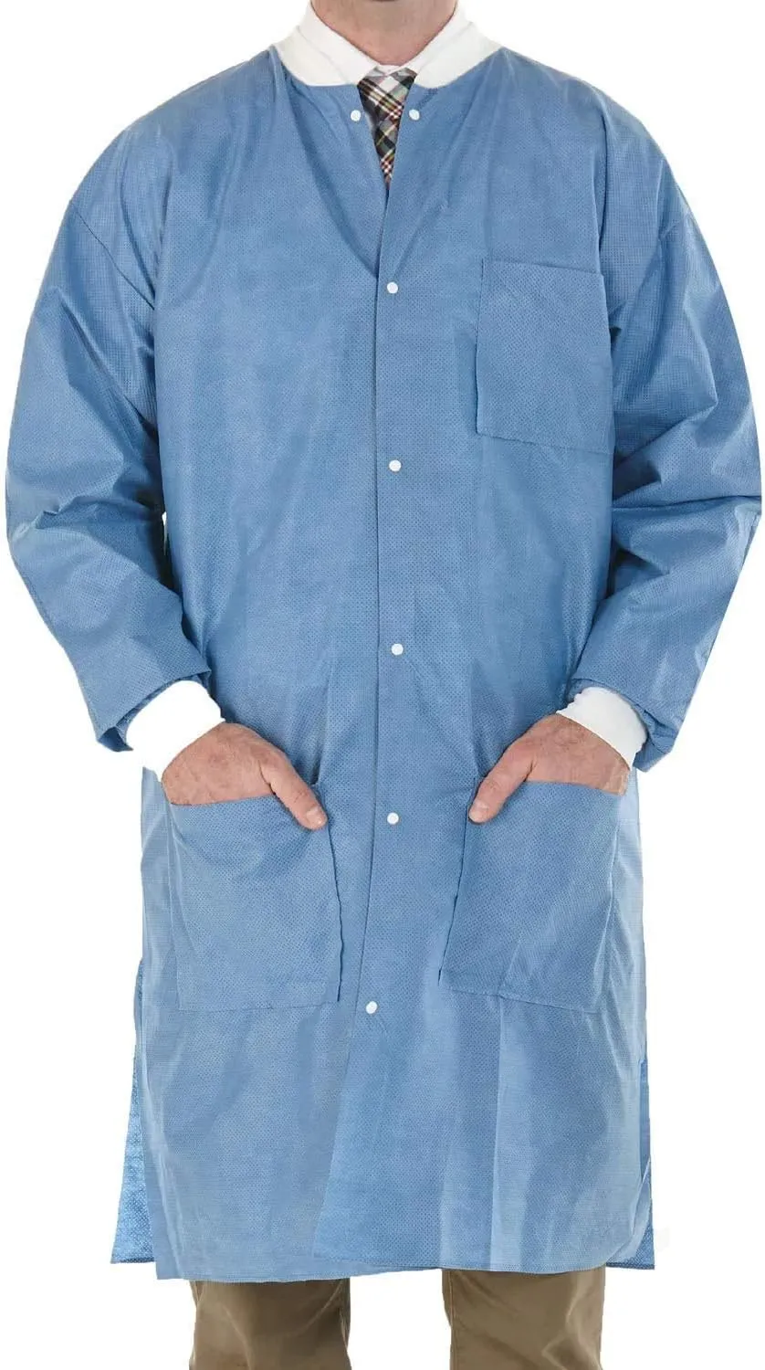 EOM Disposable Lab Coats - Lab Coats for Men and Women - Knee Length Lab Coat with Knit Cuffs and Collar - Medical Lab Jacket for Adults - Pack of 10, (Large Size)