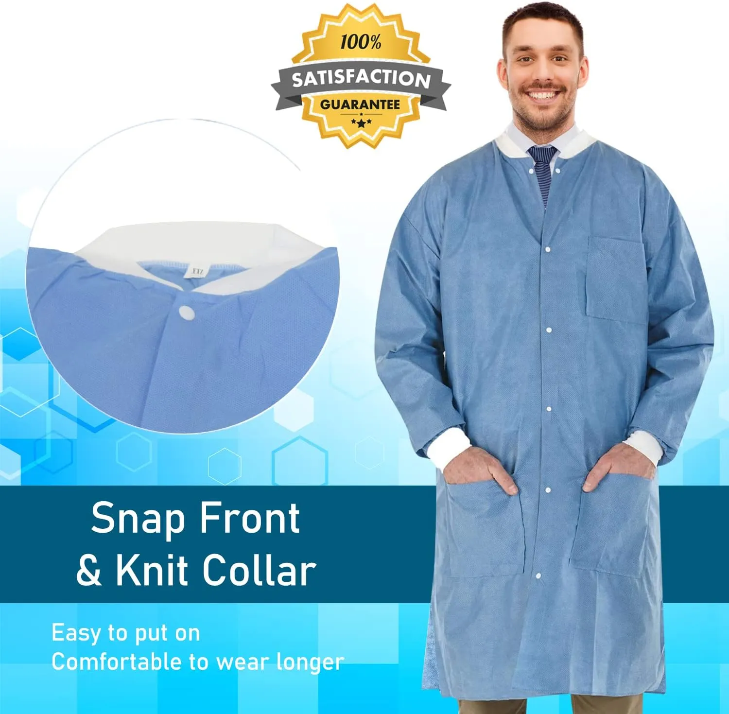 EOM Disposable Lab Coats - Lab Coats for Men and Women - Knee Length Lab Coat with Knit Cuffs and Collar - Medical Lab Jacket for Adults - Pack of 10, (Large Size)