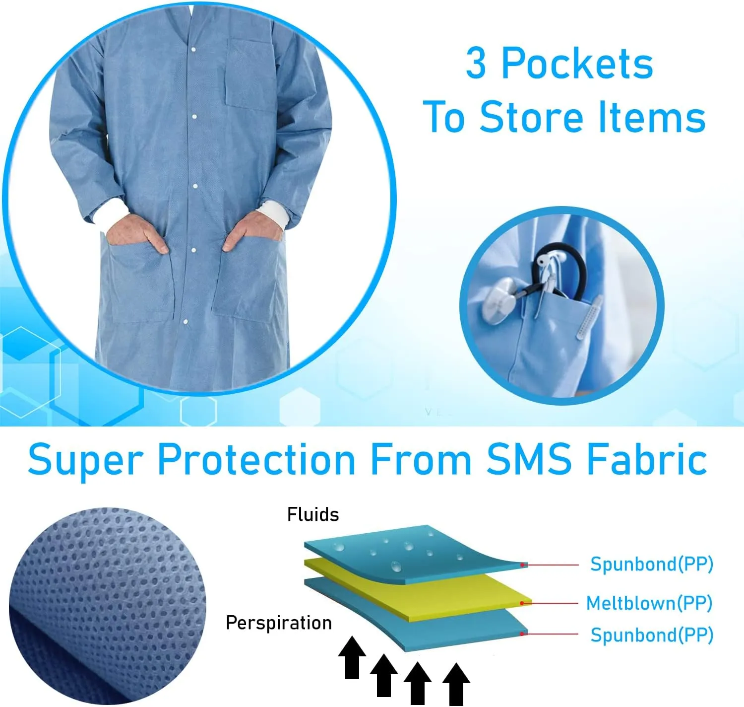 EOM Disposable Lab Coats - Lab Coats for Men and Women - Knee Length Lab Coat with Knit Cuffs and Collar - Medical Lab Jacket for Adults - Pack of 10, (Large Size)