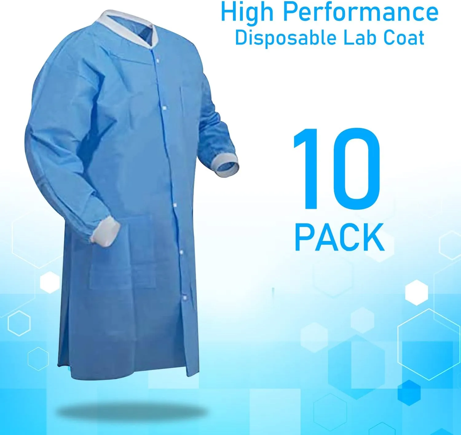 EOM Disposable Lab Coats - Lab Coats for Men and Women - Knee Length Lab Coat with Knit Cuffs and Collar - Medical Lab Jacket for Adults - Pack of 10, (Large Size)
