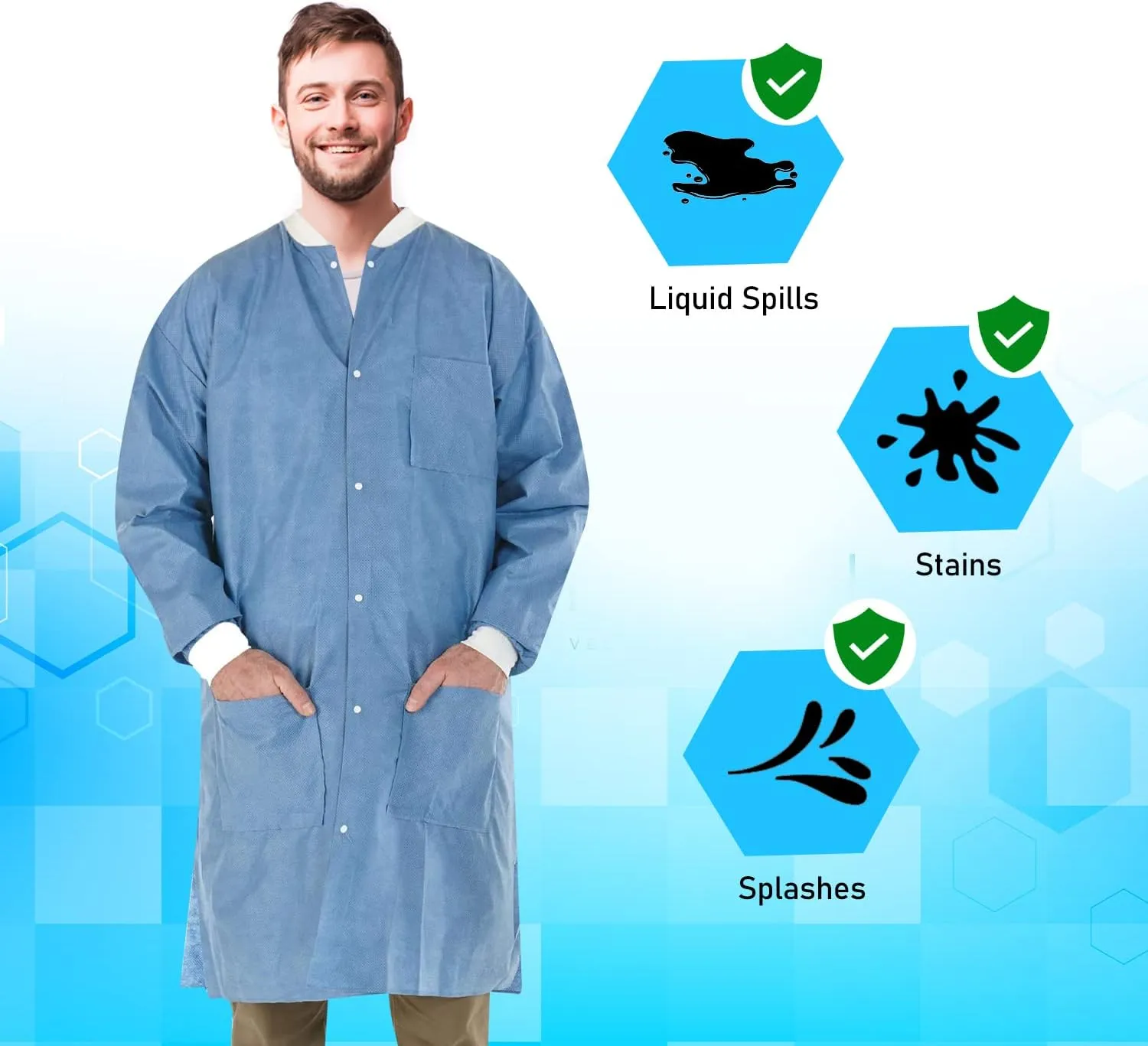EOM Disposable Lab Coats - Lab Coats for Men and Women - Knee Length Lab Coat with Knit Cuffs and Collar - Medical Lab Jacket for Adults - Pack of 10, (Large Size)