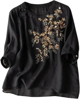 FindThy Women's Floral Embroidery Linen Shirts 3/4 Sleeve Round Neck Babydoll Tops Blouses