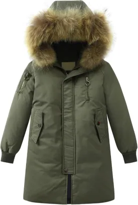 Girls Boys Long Winter Coat Heavyweight Puffer Jacket Insulated Parka with Fu Hooded Padded Down Coat for Kids