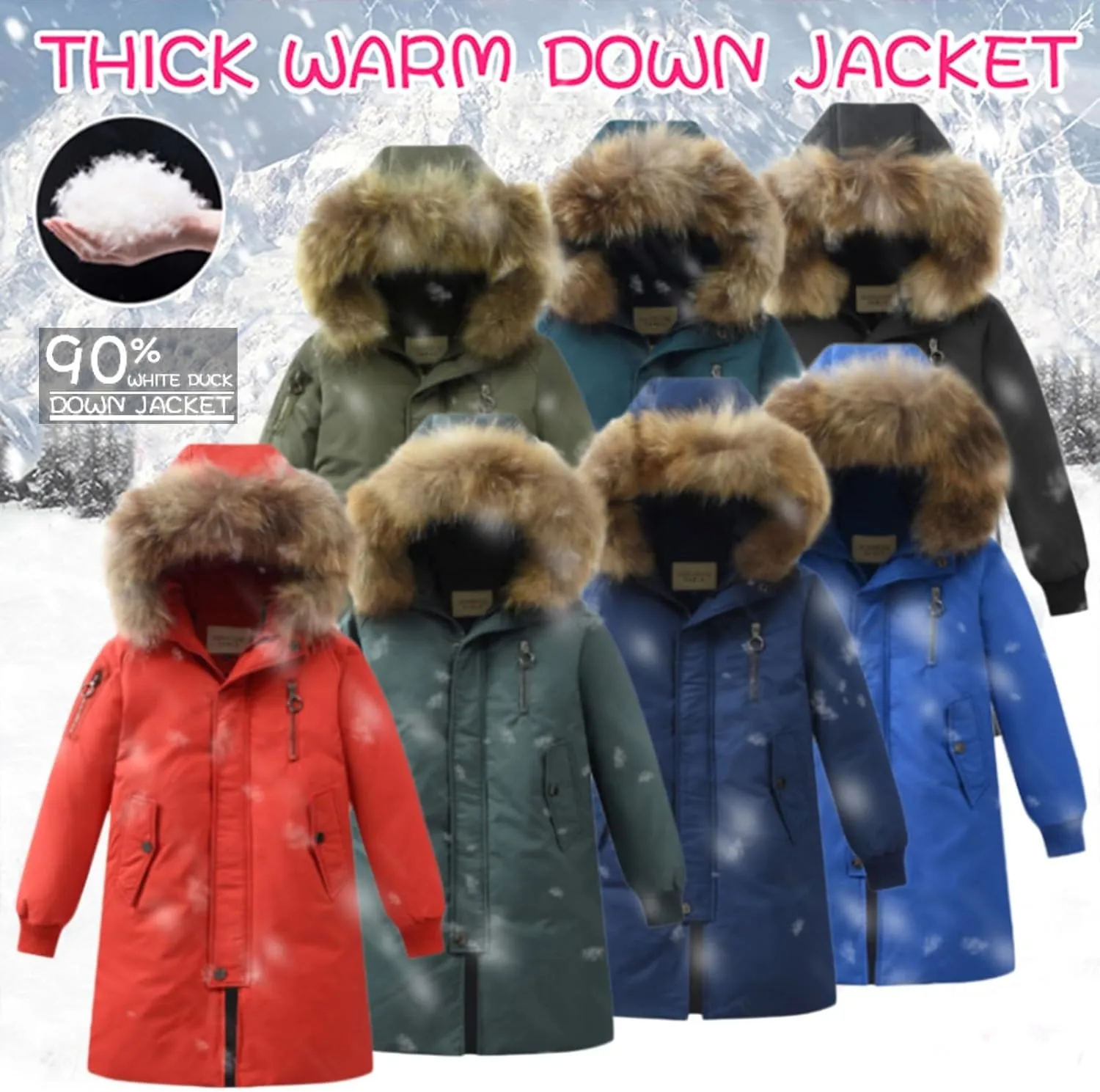 Girls Boys Long Winter Coat Heavyweight Puffer Jacket Insulated Parka with Fu Hooded Padded Down Coat for Kids