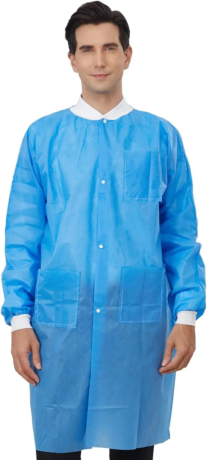 Greenour Disposable Lab Coat Blue SMS with Pockets for Adult Knitted Collar and Cuffs Breathable Fluid Resistant (M-2XL)