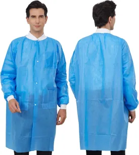 Greenour Disposable Lab Coat Blue SMS with Pockets for Adult Knitted Collar and Cuffs Breathable Fluid Resistant (M-2XL)