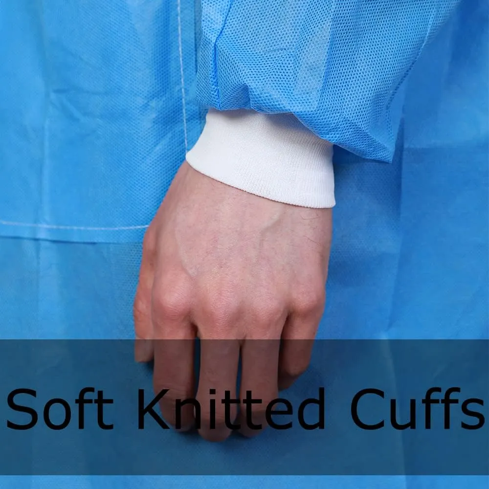 Greenour Disposable Lab Coat Blue SMS with Pockets for Adult Knitted Collar and Cuffs Breathable Fluid Resistant (M-2XL)
