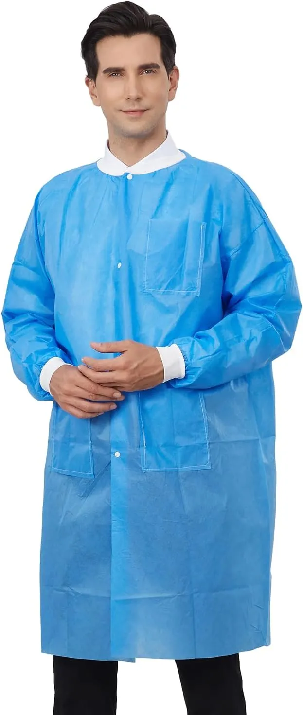 Greenour Disposable Lab Coat Blue SMS with Pockets for Adult Knitted Collar and Cuffs Breathable Fluid Resistant (M-2XL)