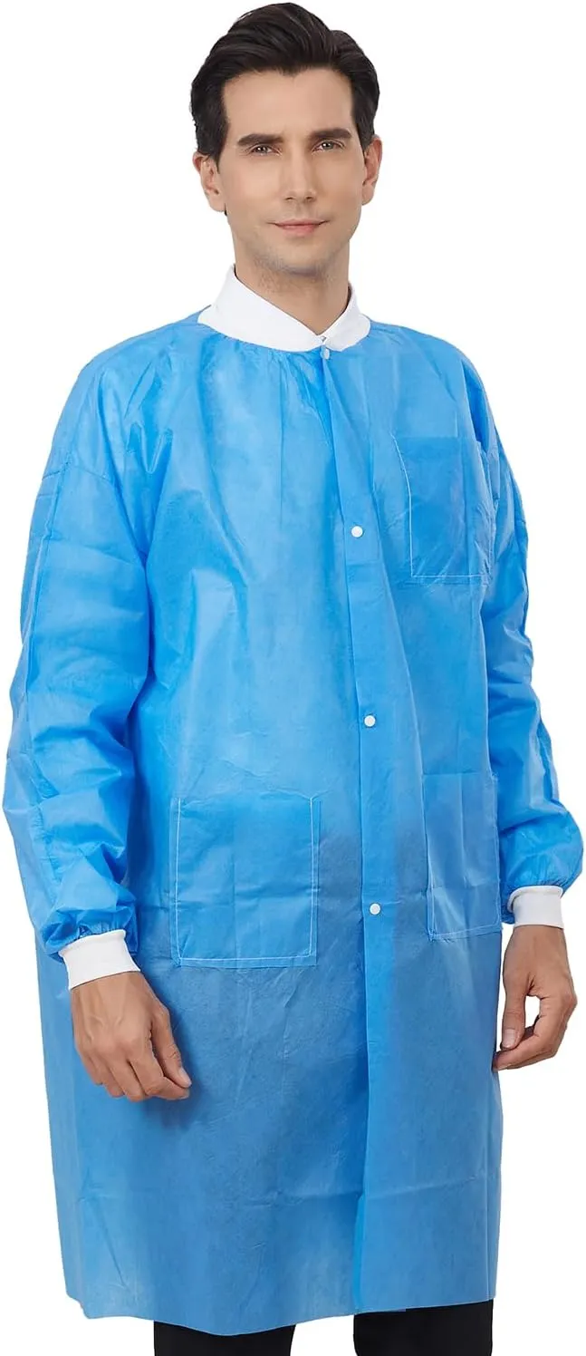 Greenour Disposable Lab Coat Blue SMS with Pockets for Adult Knitted Collar and Cuffs Breathable Fluid Resistant (M-2XL)