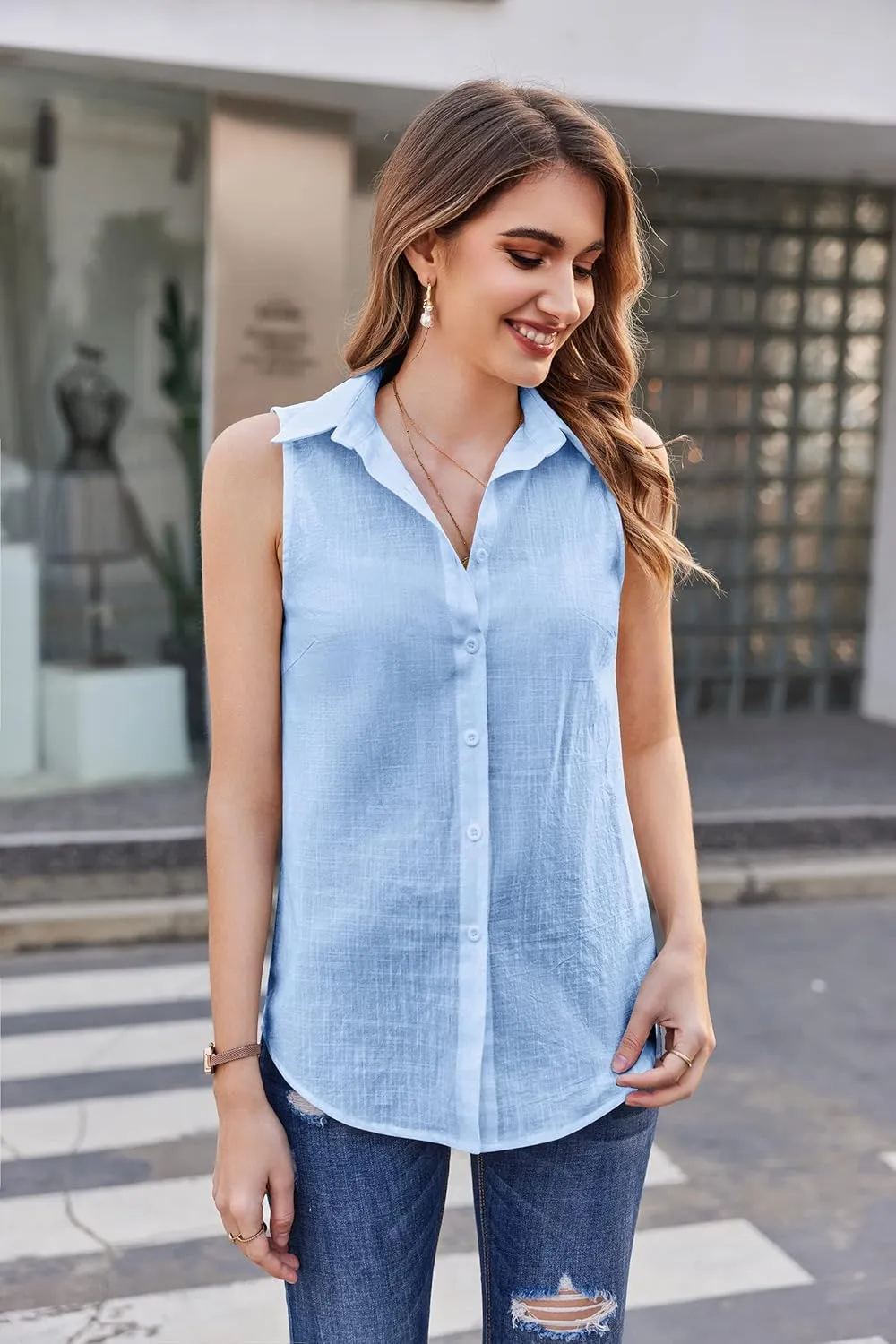 HOTOUCH Womens Sleeveless Button Down Shirt Collared Cotton Linen Blouse Casual Office Shirts Basic Tank Top