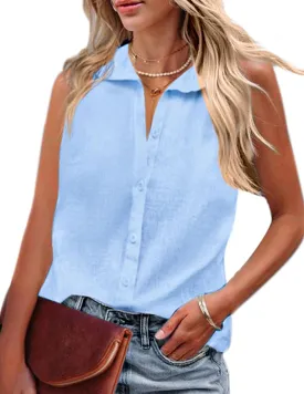 HOTOUCH Womens Sleeveless Button Down Shirt Collared Cotton Linen Blouse Casual Office Shirts Basic Tank Top