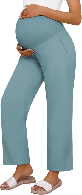 Huukeay Women's Cotton Linen Maternity Pants, High Waisted Lounge Pregnancy Pants Over The Belly Trousers with Pockets(Haze Blue,Medium)