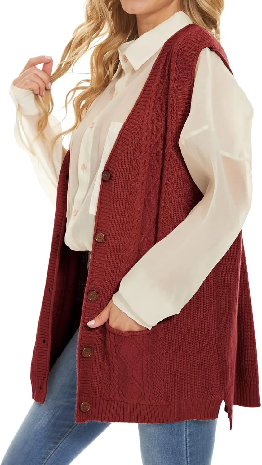 Hyipels Women's Sweater Vest,Long Cable Loose Knitted Sleeveless V Neck Casual Sweaters Tank Top S~XL