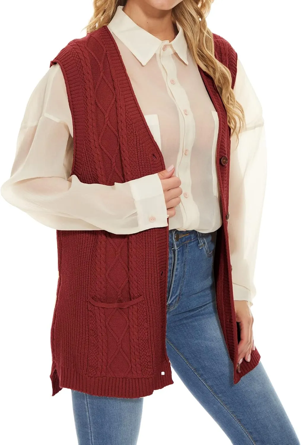 Hyipels Women's Sweater Vest,Long Cable Loose Knitted Sleeveless V Neck Casual Sweaters Tank Top S~XL