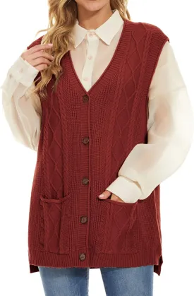 Hyipels Women's Sweater Vest,Long Cable Loose Knitted Sleeveless V Neck Casual Sweaters Tank Top S~XL