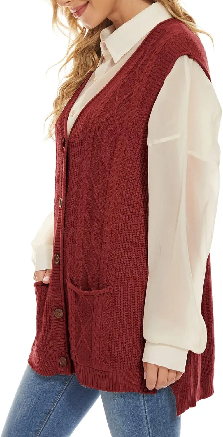 Hyipels Women's Sweater Vest,Long Cable Loose Knitted Sleeveless V Neck Casual Sweaters Tank Top S~XL