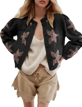Kedera Women's Quilted Lightweight Jackets Floral Embroidered Crop Puffer Coat Padded Gilet Winter Outerwear with Pocket