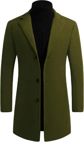 Maiyifu-GJ Mens Wool Blend Trench Coat Mid-Length Notched Collar Long Top Pea Coats Business Single Breasted Jacket Overcoat