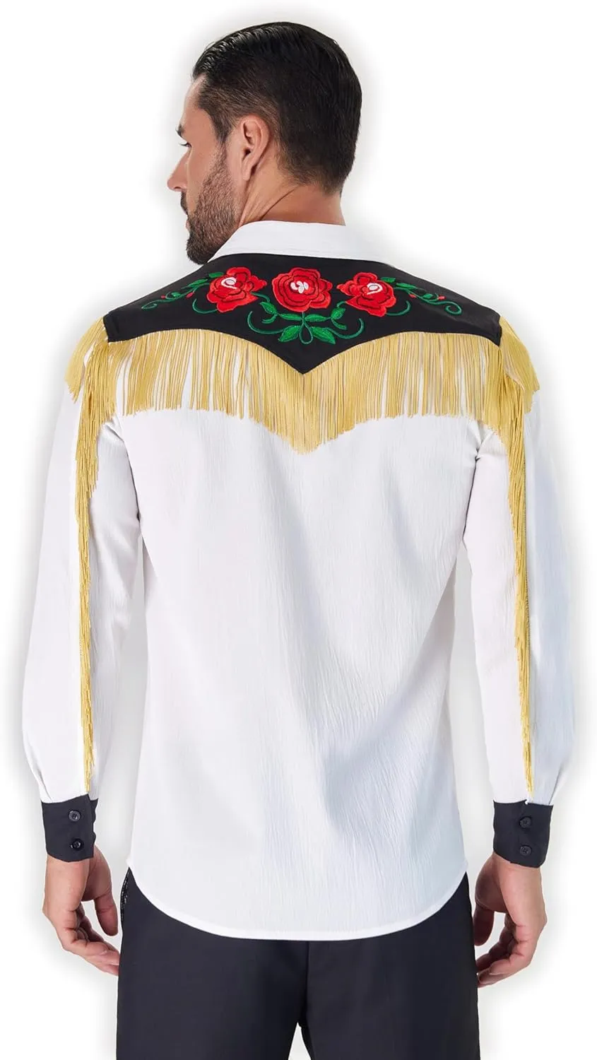 Men's Western Cowboy Fringe Shirts Long Sleeve with Embroidered Rose Button Down Hippie Shirt
