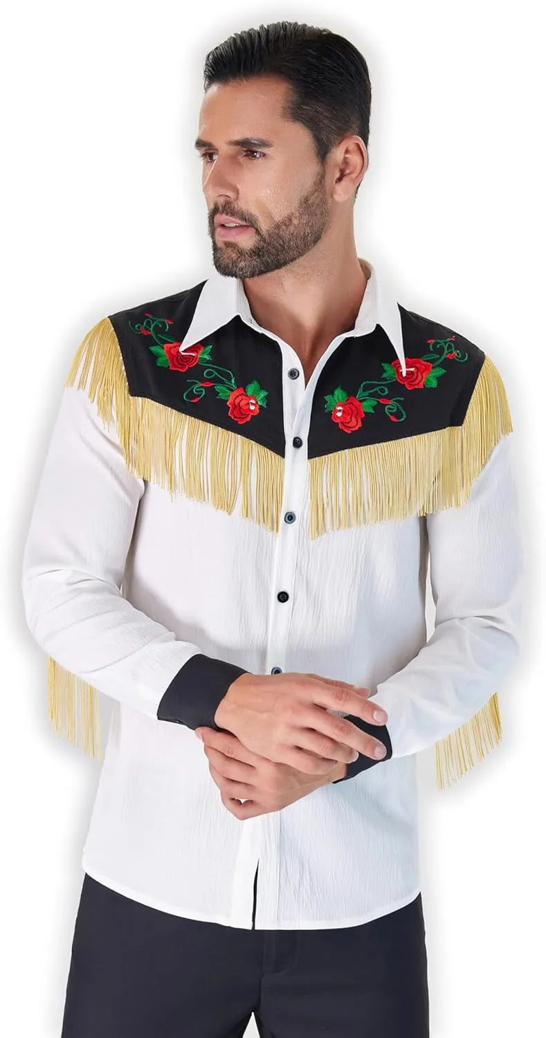 Men's Western Cowboy Fringe Shirts Long Sleeve with Embroidered Rose Button Down Hippie Shirt
