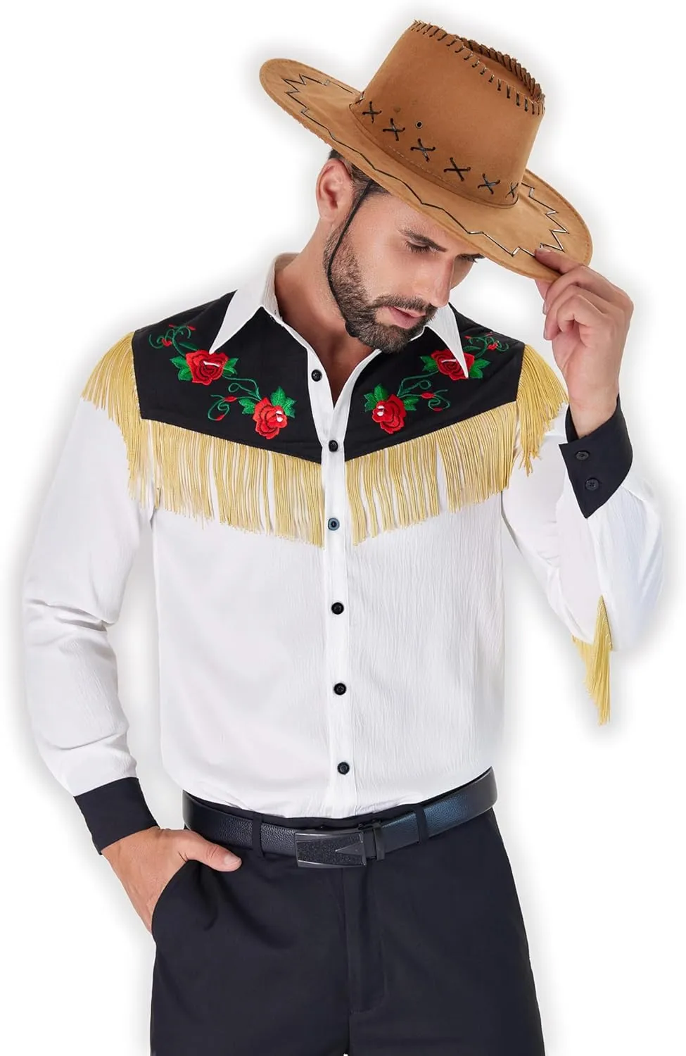 Men's Western Cowboy Fringe Shirts Long Sleeve with Embroidered Rose Button Down Hippie Shirt