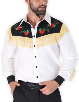 Men's Western Cowboy Fringe Shirts Long Sleeve with Embroidered Rose Button Down Hippie Shirt