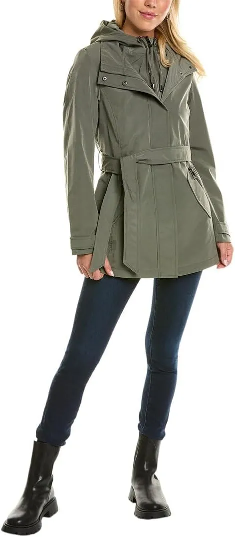 Nautica Women's Hooded Raincoat with Belt Jacket