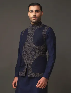 NAVY RAWSILK EMBROIDERED WAISTCOAT