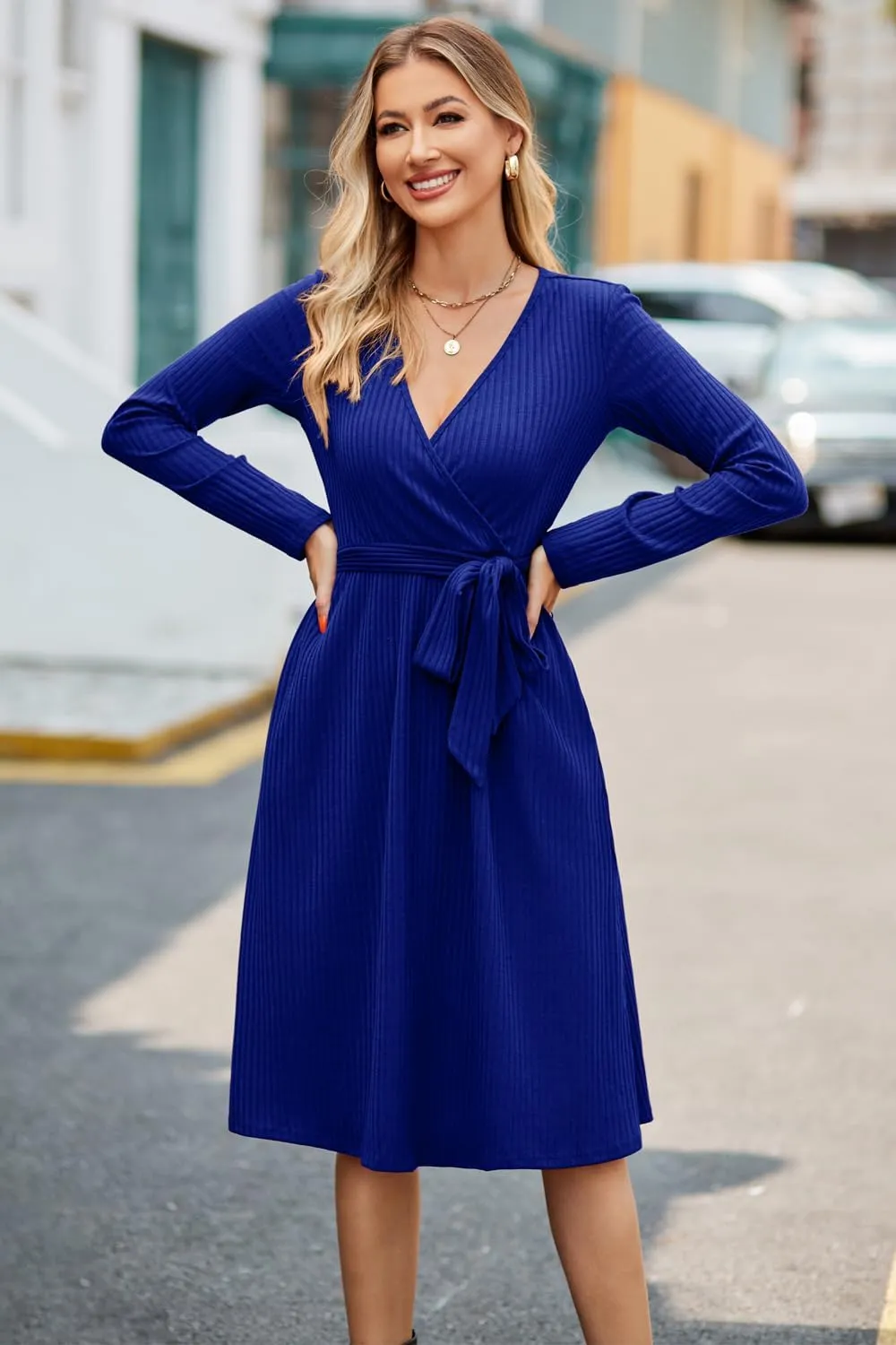 Newshows Womens 2024 Fall Sweater Dress Long Sleeve Business Casual Outfits V Neck Ribbed Knit Belt Trendy with Pockets