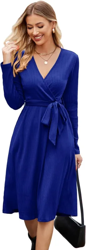 Newshows Womens 2024 Fall Sweater Dress Long Sleeve Business Casual Outfits V Neck Ribbed Knit Belt Trendy with Pockets