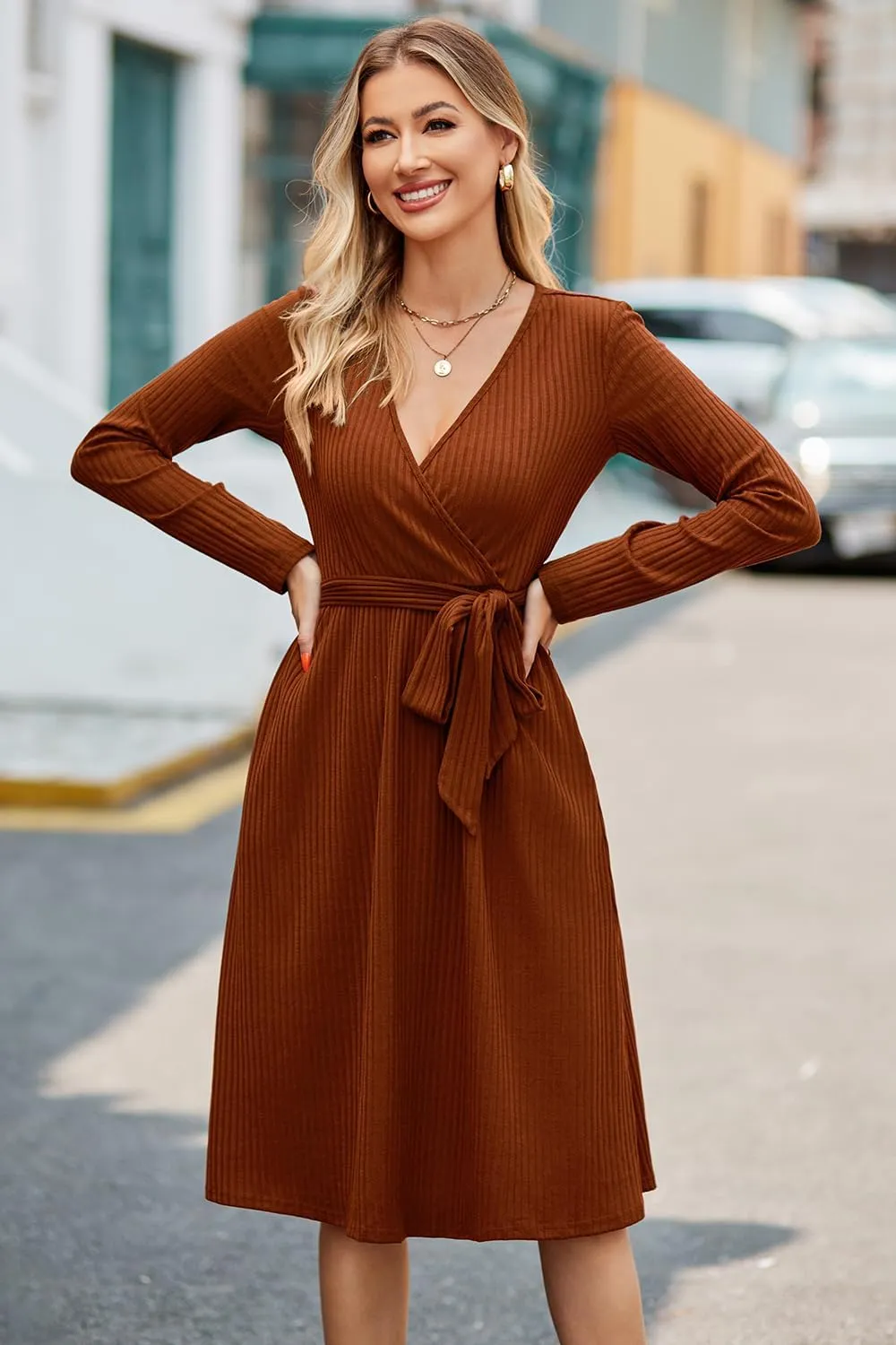 Newshows Womens 2024 Fall Sweater Dress Long Sleeve Business Casual Outfits V Neck Ribbed Knit Belt Trendy with Pockets